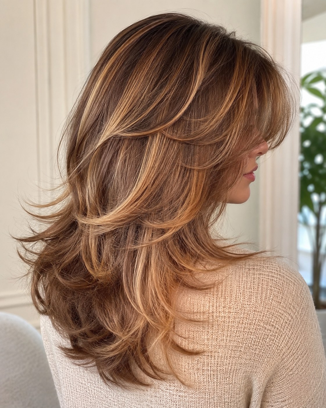 Mèches miel caramel sur une coupe mi-longue effilée et volumineuse