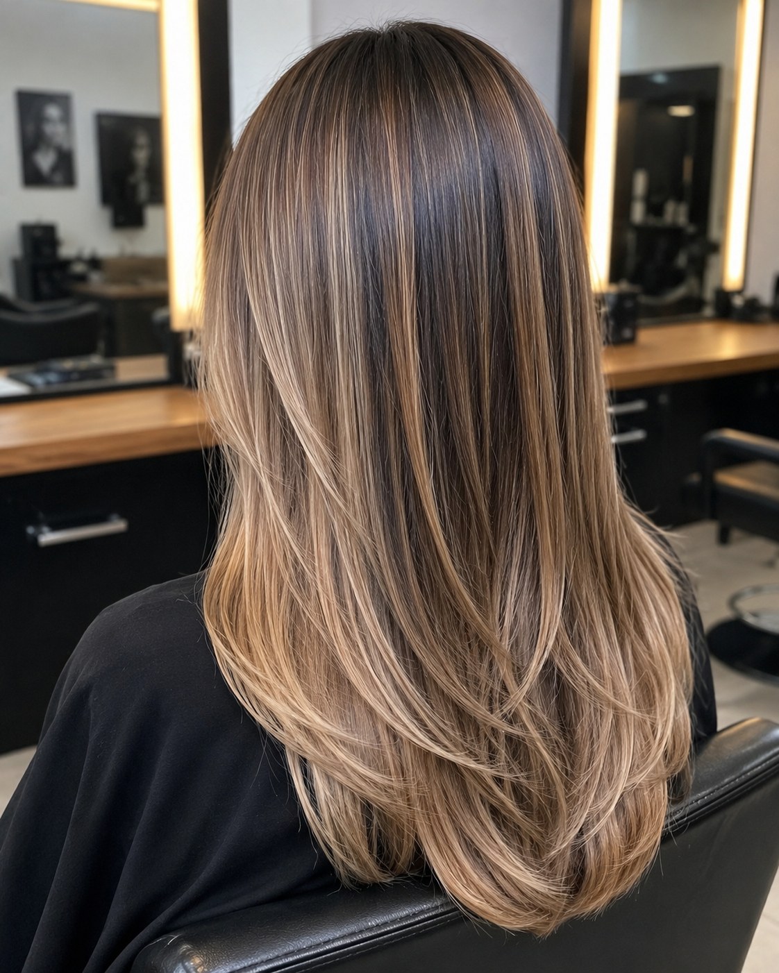 Dégradé de mèches miel blond sur base brune profonde, longueur lisse et brillante