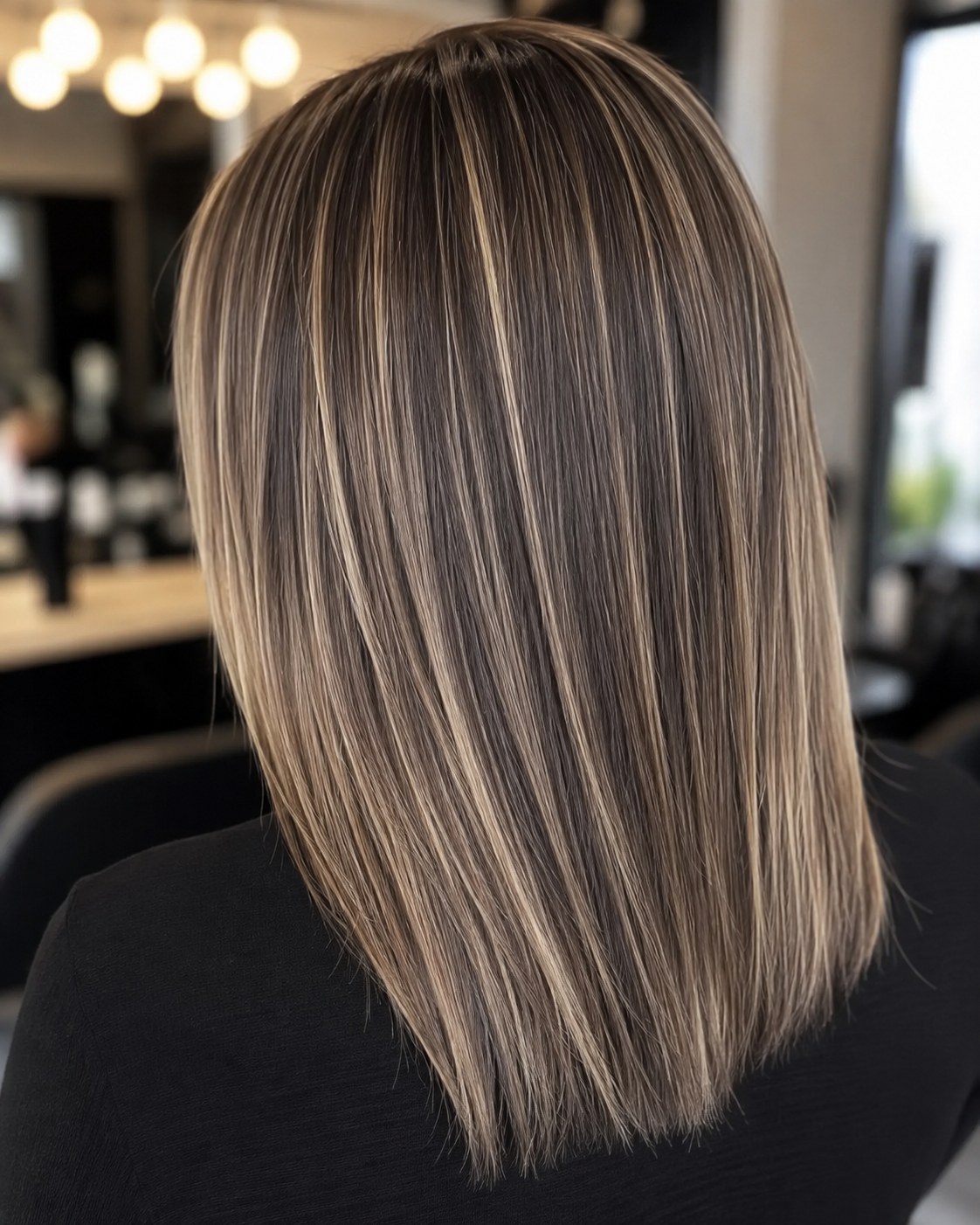 Carré long lisse avec mèches miel blond fondues depuis la racine brune