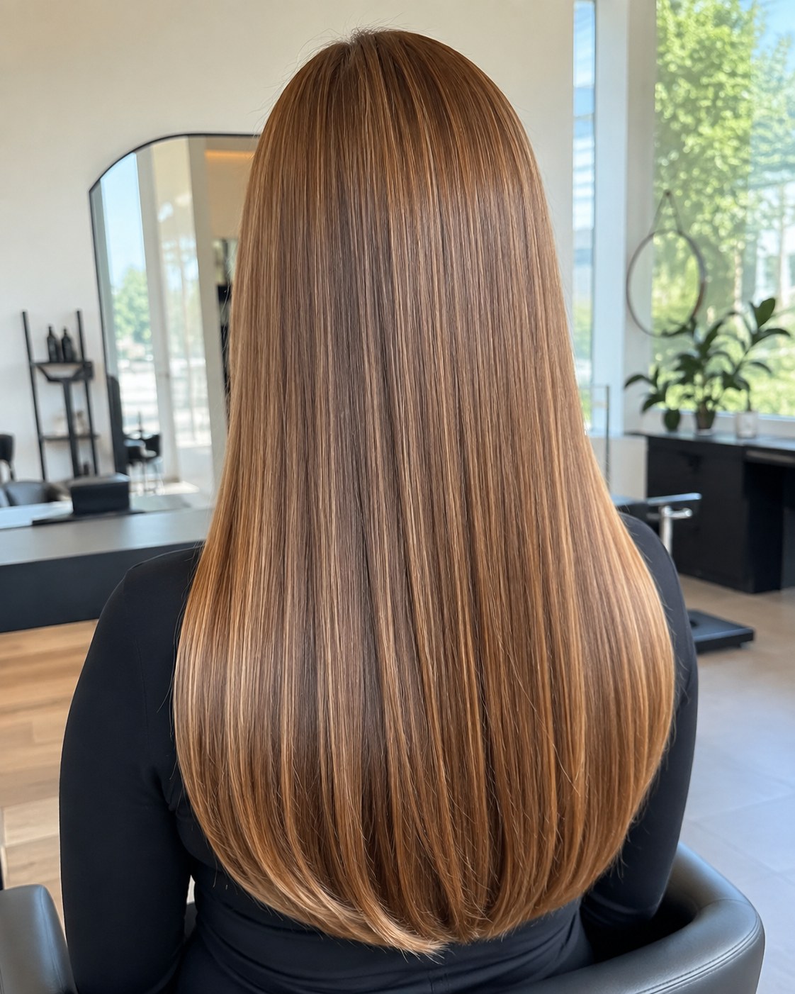 Mèches miel blond cuivrées fil à fil sur une longue chevelure raide