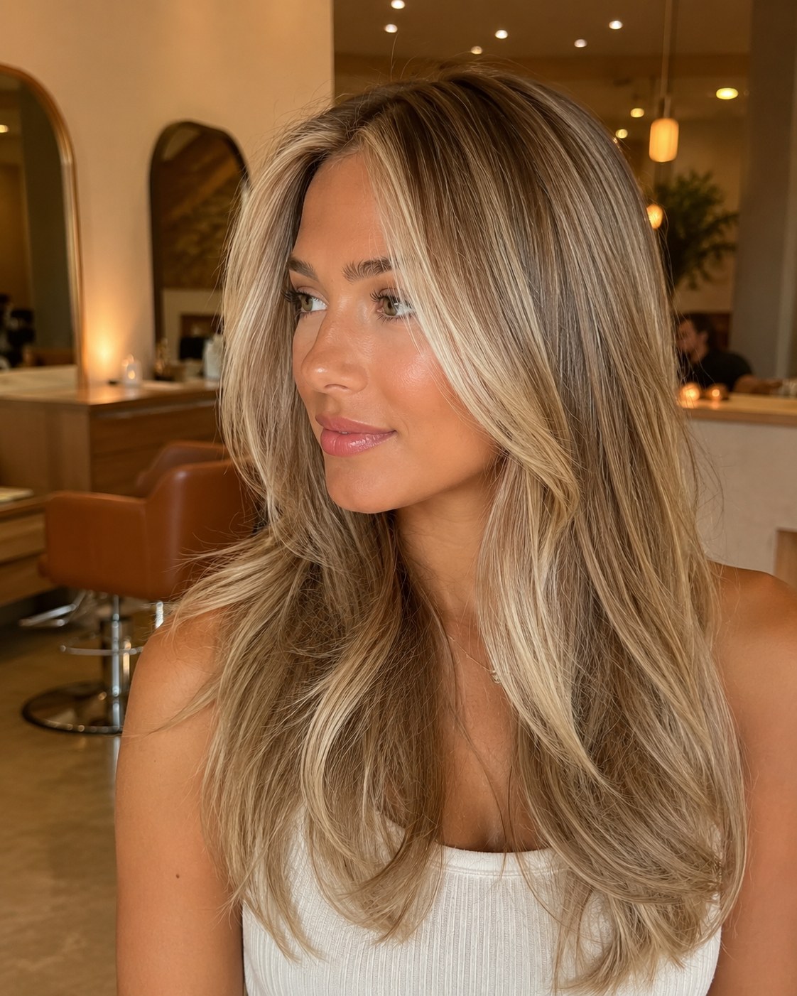 Balayage de mèches miel blond sur base beige avec racines contrastées et frange rideau