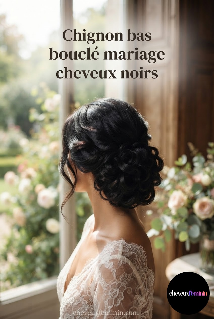 Chignon bas bouclé mariage cheveux noirs