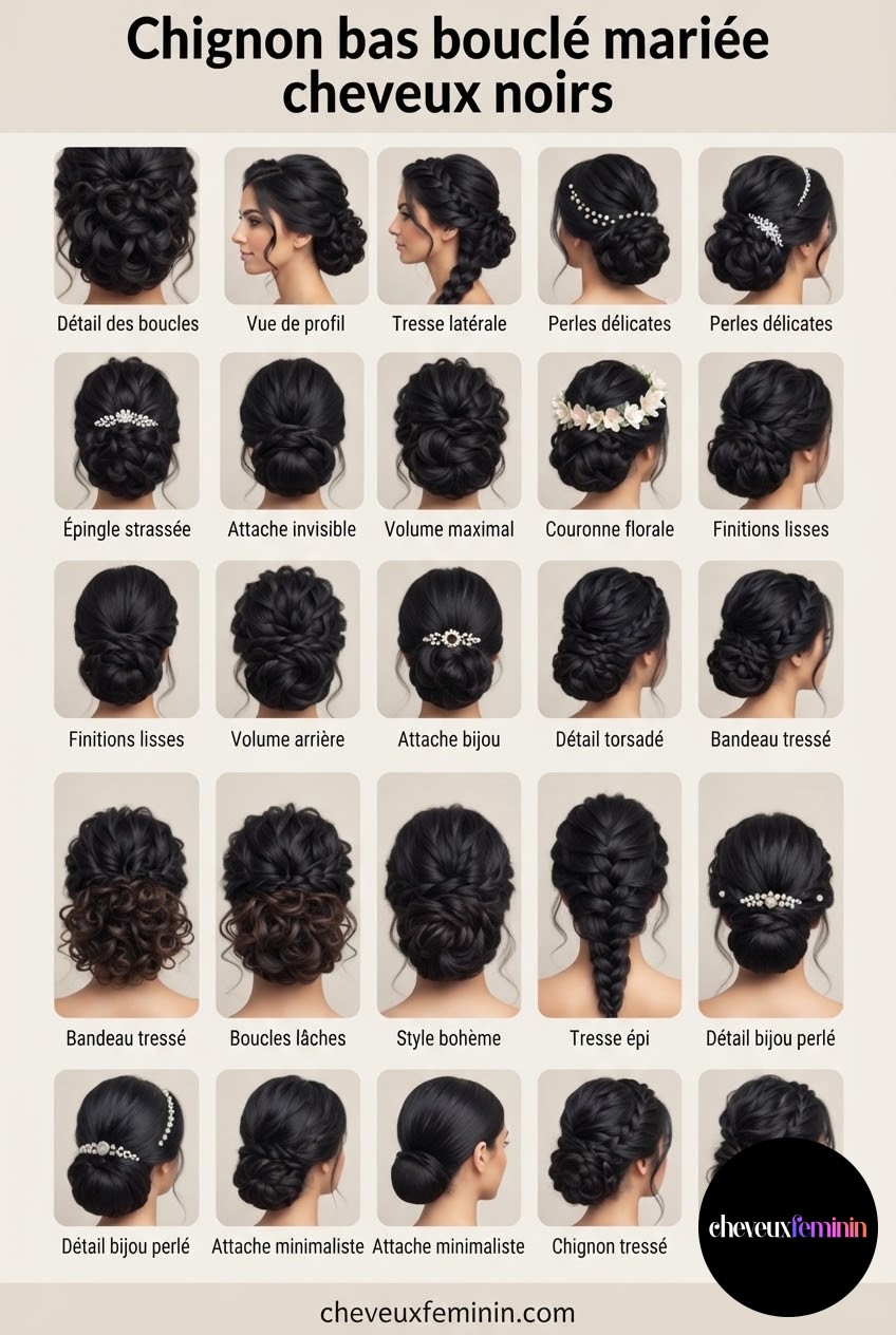 Chignon bas bouclé mariée cheveux noirs