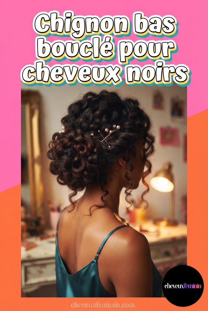 Chignon bas bouclé pour cheveux noirs
