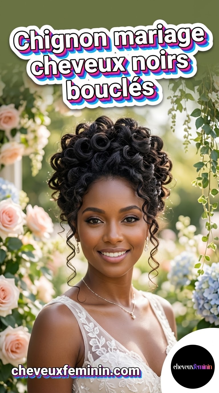 Chignon mariage cheveux noirs bouclés
