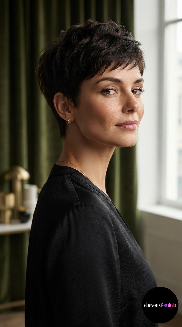 Pixie court sans frange : le style chic