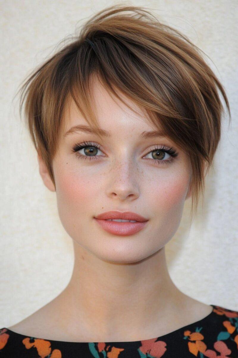 Pixie cut frange rideau visage rond