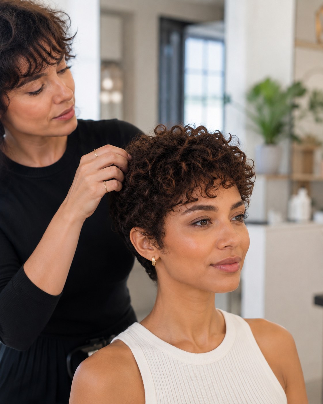 Finition sleek d'un pixie cut court cheveux bouclés prêt à porter