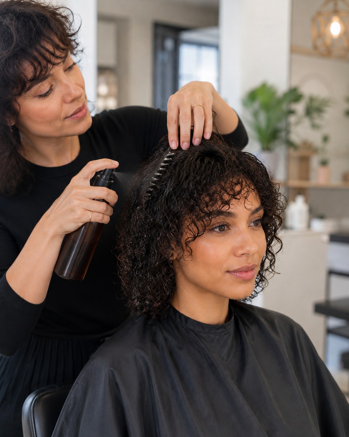 Application d'un spray définition sur un pixie cut court cheveux bouclés