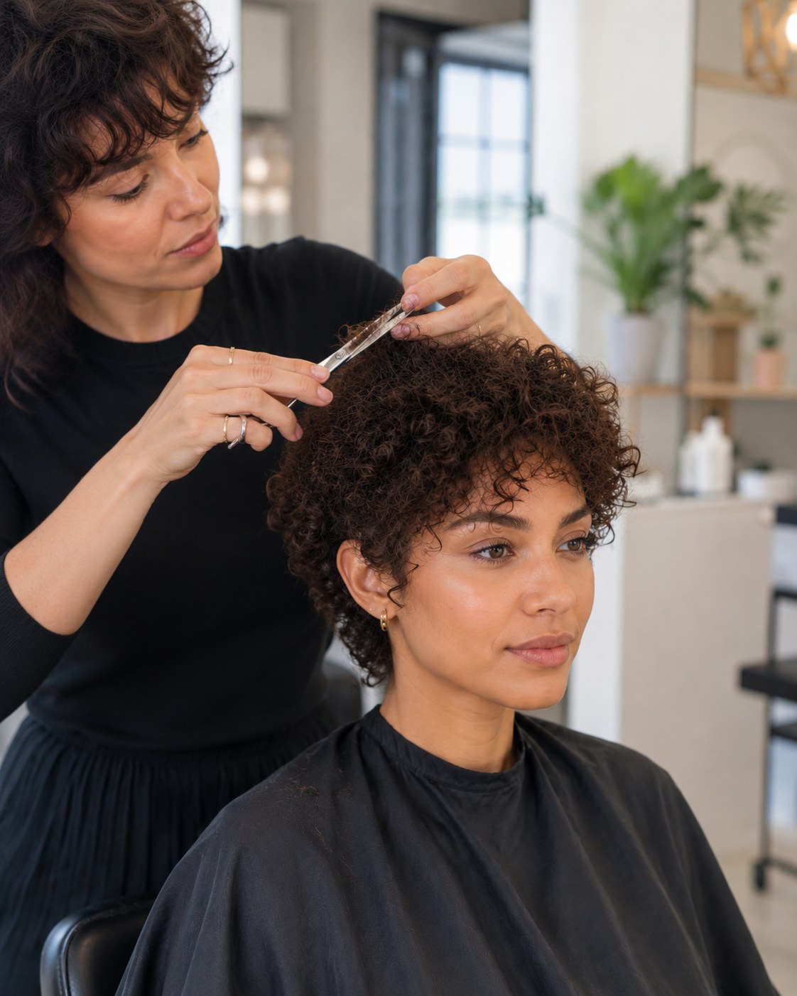 Coiffeuse affinant un pixie cut très court pour boucles serrées