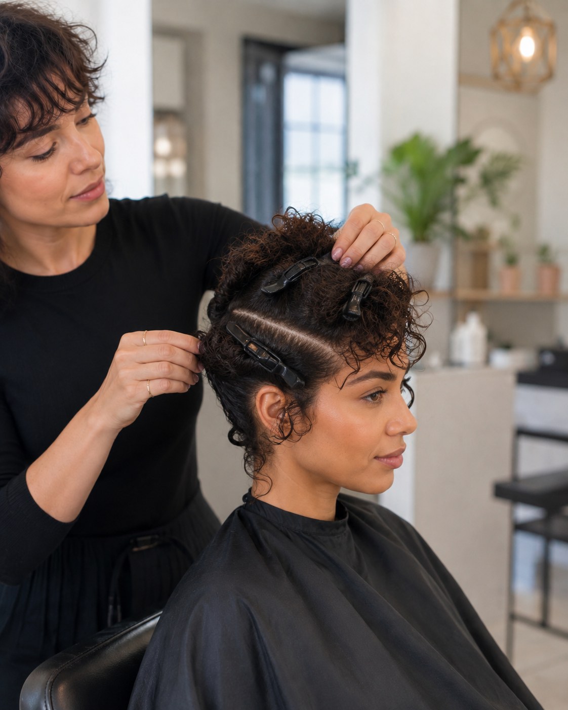 Sectionnement précis pour structurer un pixie cut sur cheveux bouclés
