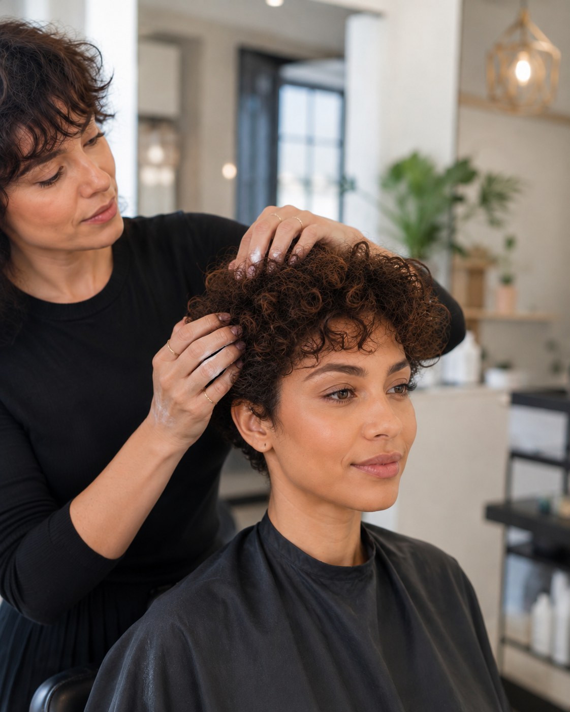 Pixie cut bouclé avec volume au sommet fraîchement coiffé en salon