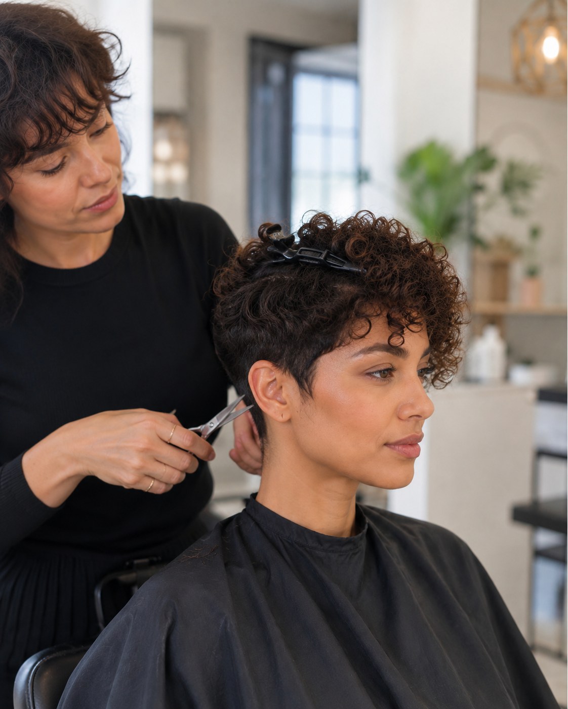 Coupe aux ciseaux d'un pixie cut dégradé sur cheveux bouclés