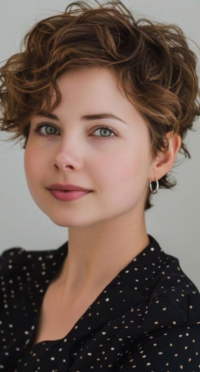 Pixie cut ondulé visage rond femme