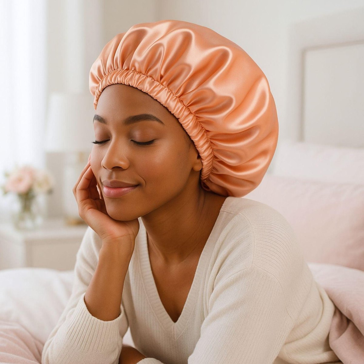 Bonnet satin cheveux bouclés nuit