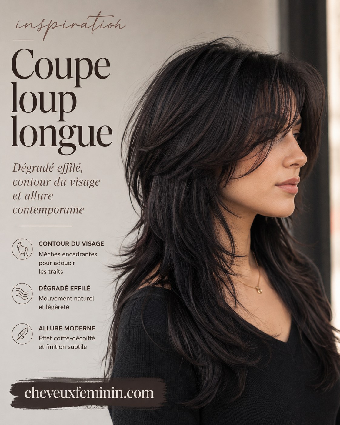 Coupe loup longue dégradée au rasoir, contour du visage adouci et allure contemporaine