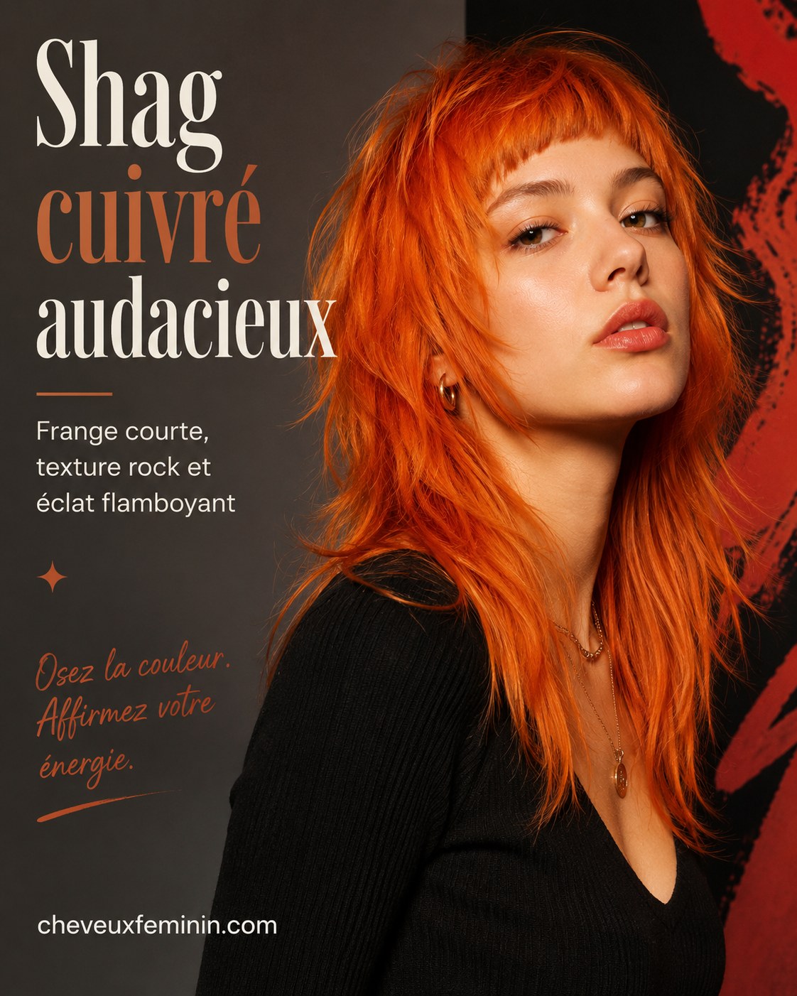 Shag cuivré audacieux dégradé au rasoir, frange courte et texture rock flamboyante