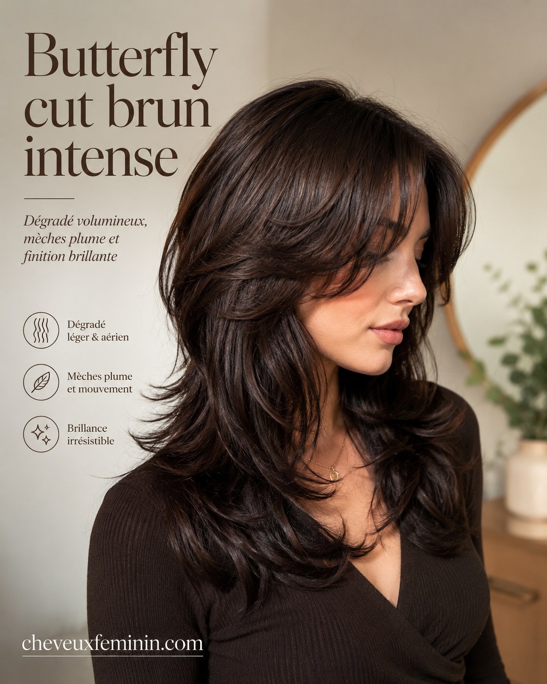 Butterfly cut brun intense avec dégradé volumineux au rasoir et mèches plume brillantes