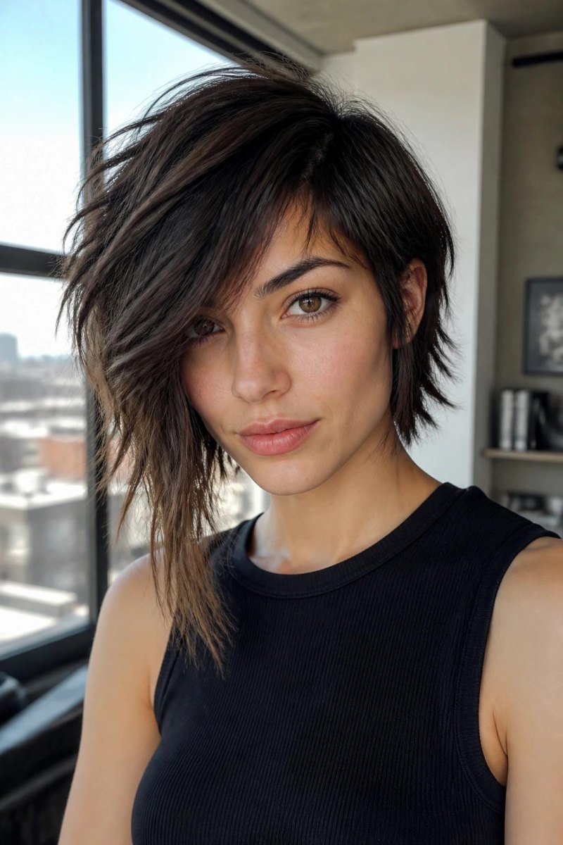 Shag bouclé frange asymétrique