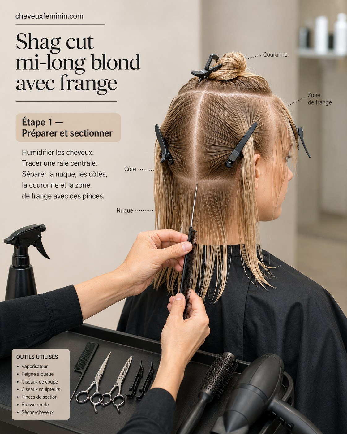 Sectionnement des cheveux blonds mi-longs pour préparer le shag cut avec frange, raie centrale tracée.