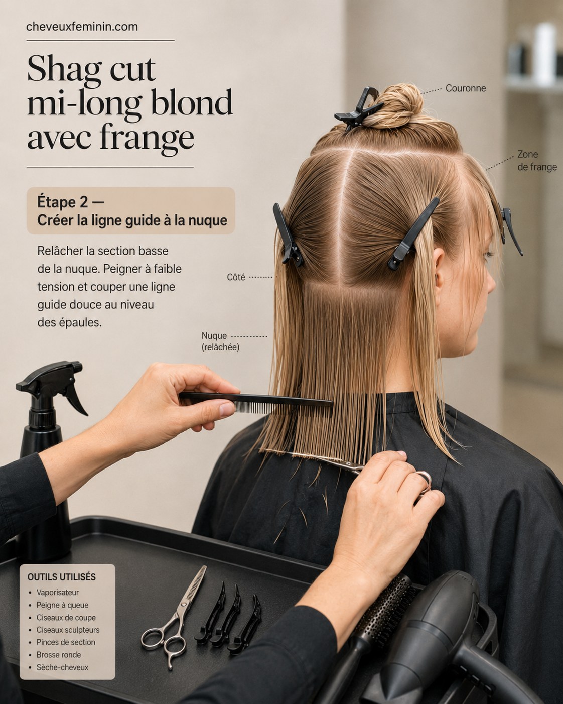 Création de la ligne guide à la nuque pour ce shag cut mi-long blond avec frange, mèches peignées à plat.