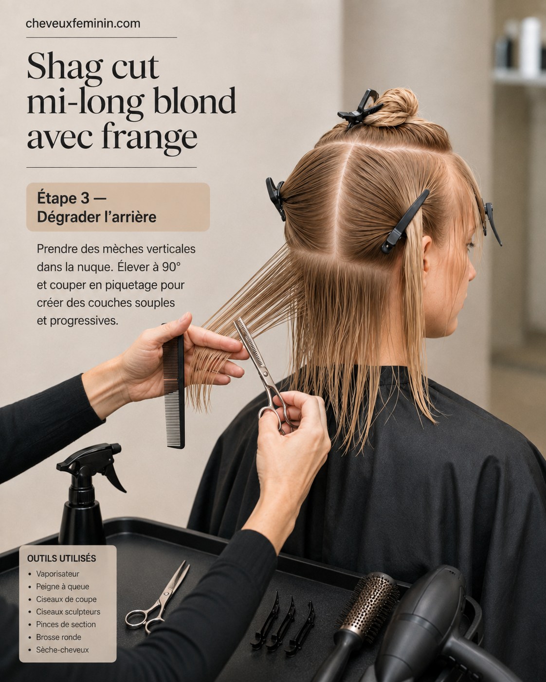 Dégradé piqueté à l'arrière de la nuque pour construire les couches du shag cut mi-long blond.