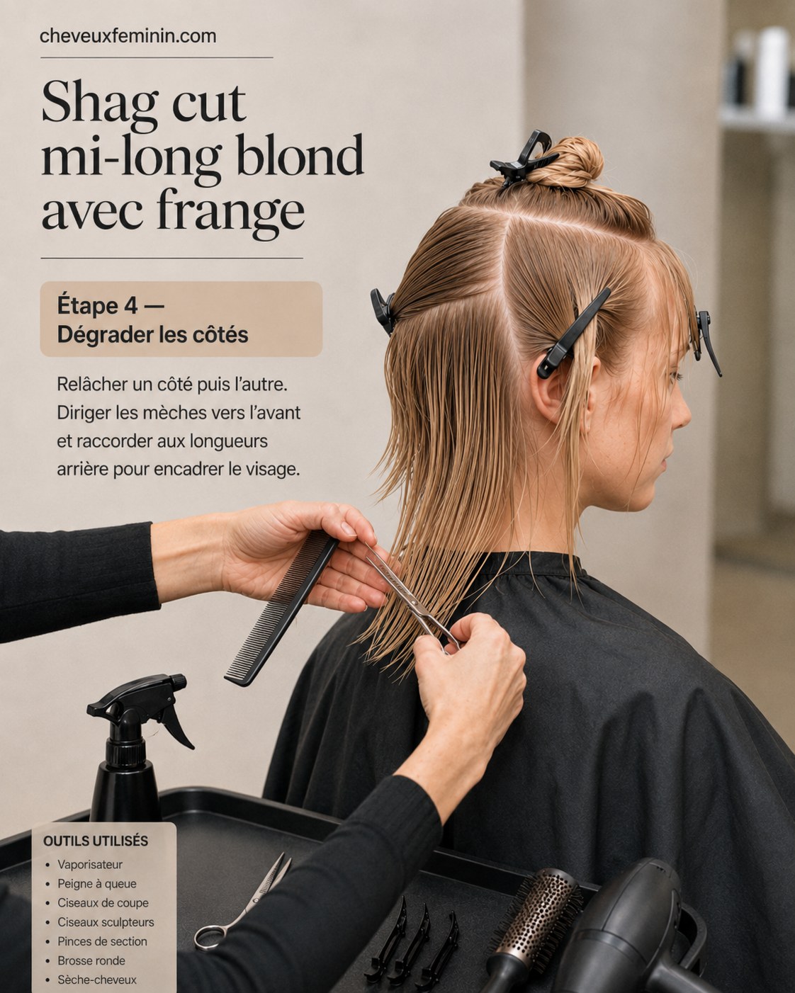 Dégradé des côtés du shag cut mi-long blond avec frange pour encadrer le visage en douceur.