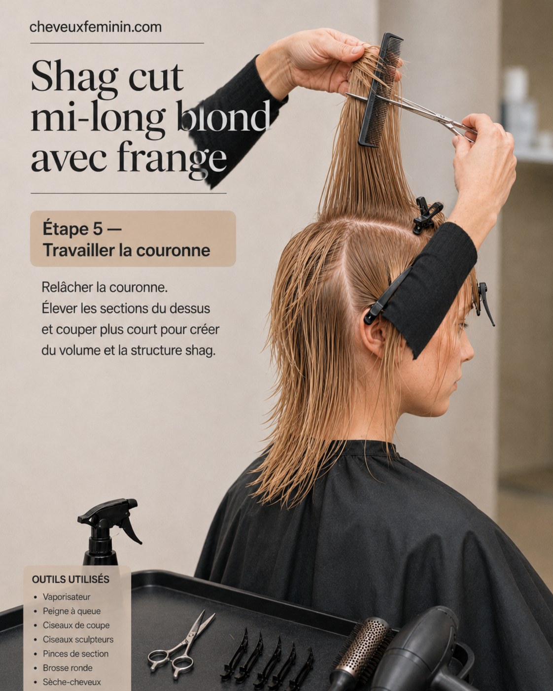 Travail de la couronne du shag cut mi-long blond pour créer du volume et la structure shag.