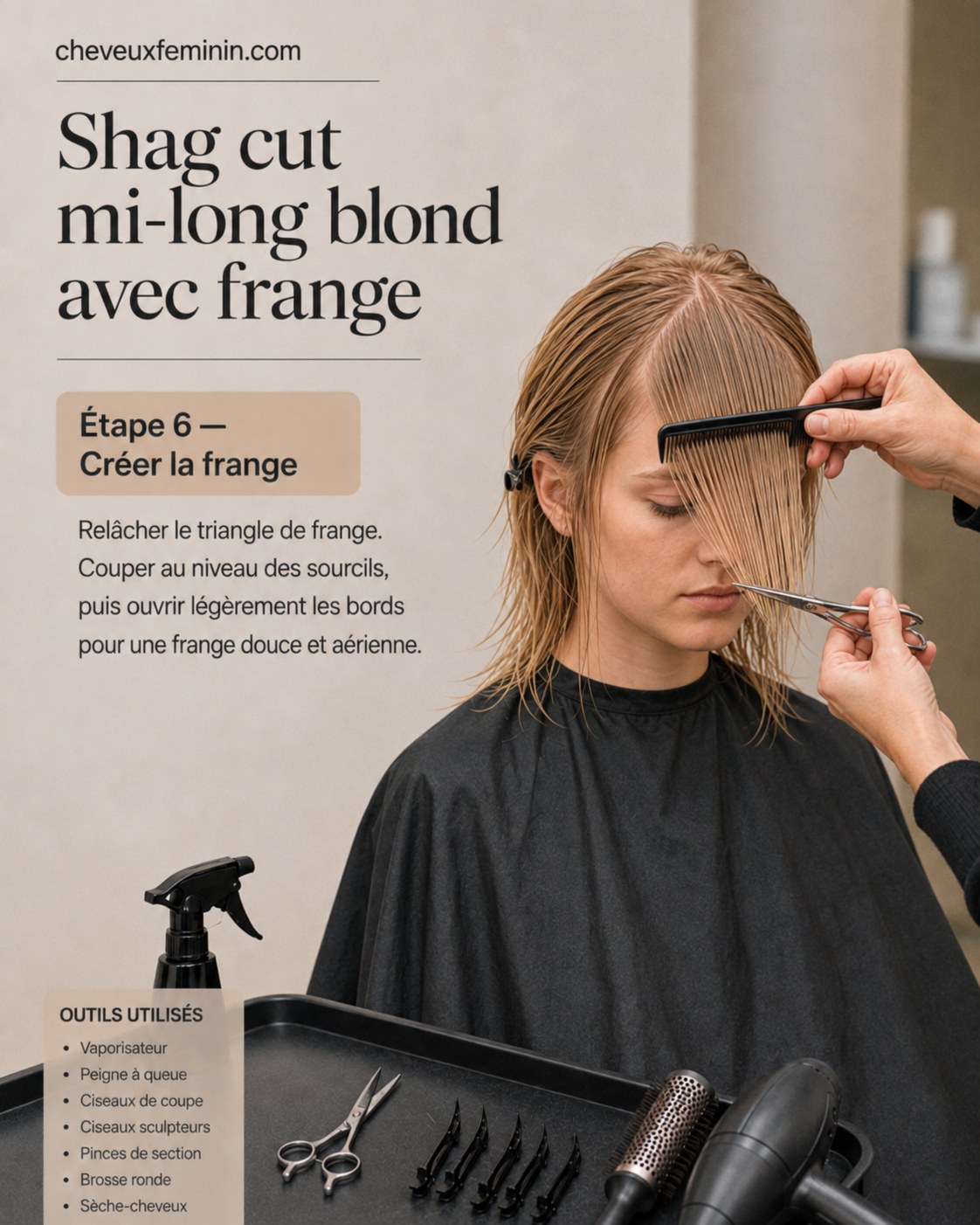 Coupe de la frange à hauteur des sourcils pour ce shag cut mi-long blond, effet aérien recherché.