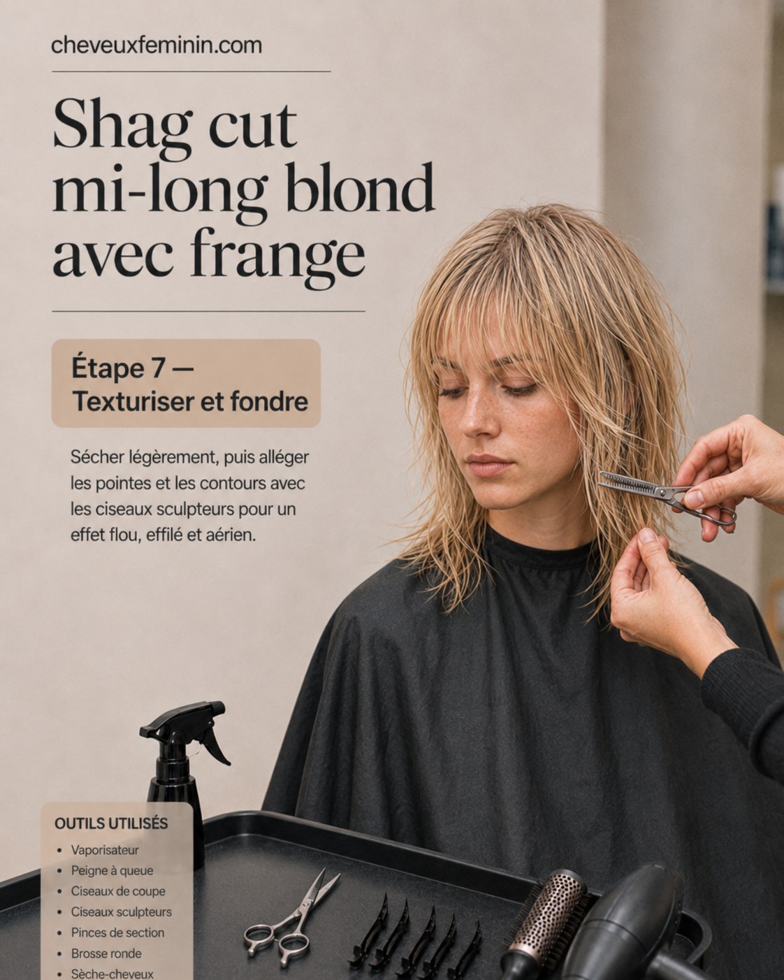 Texturisation aux ciseaux sculpteurs des pointes du shag cut mi-long blond avec frange.