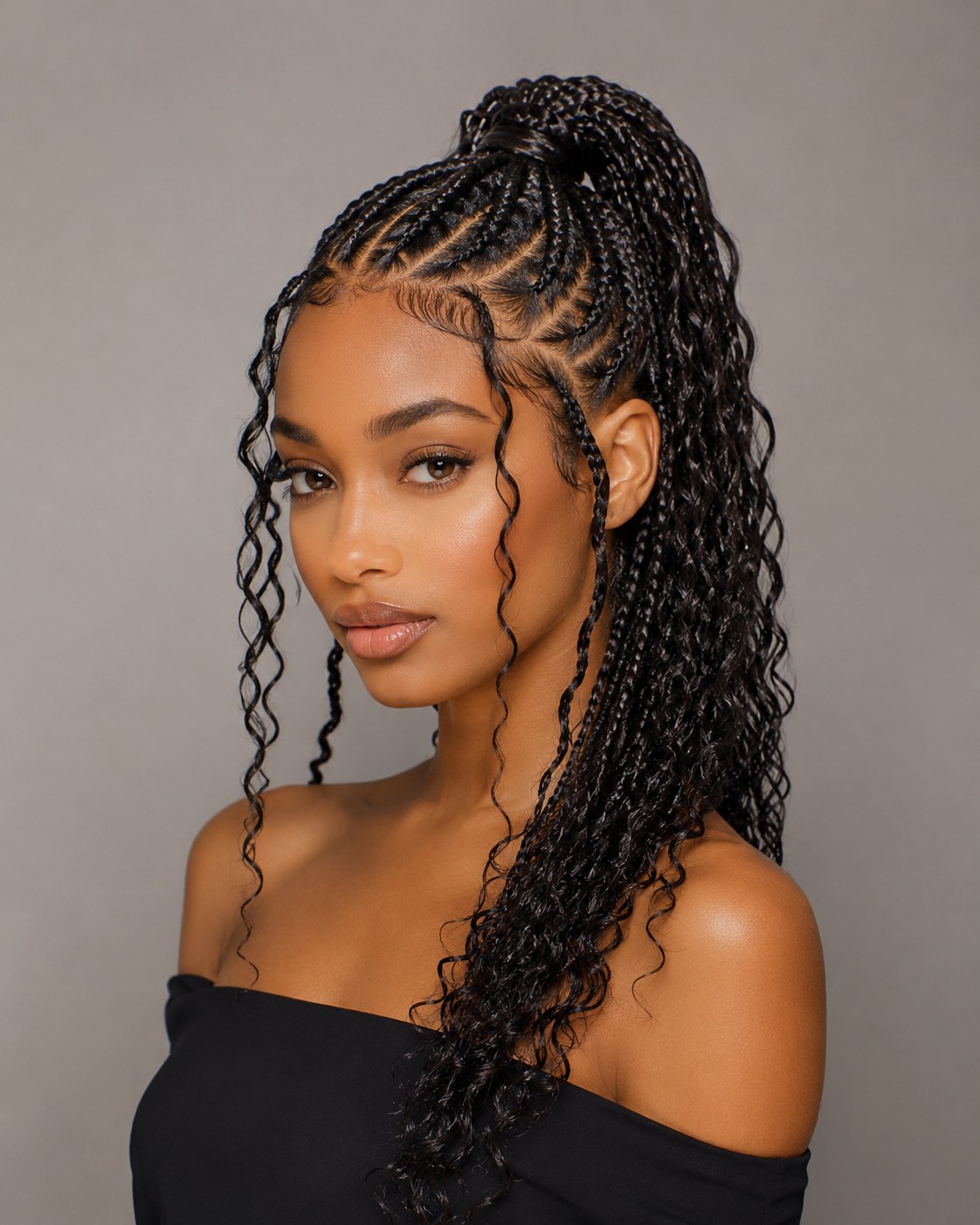 Demi-queue en cornrows avec tresses bouclées libres, coiffure tresses rentrée scolaire pratique et jolie