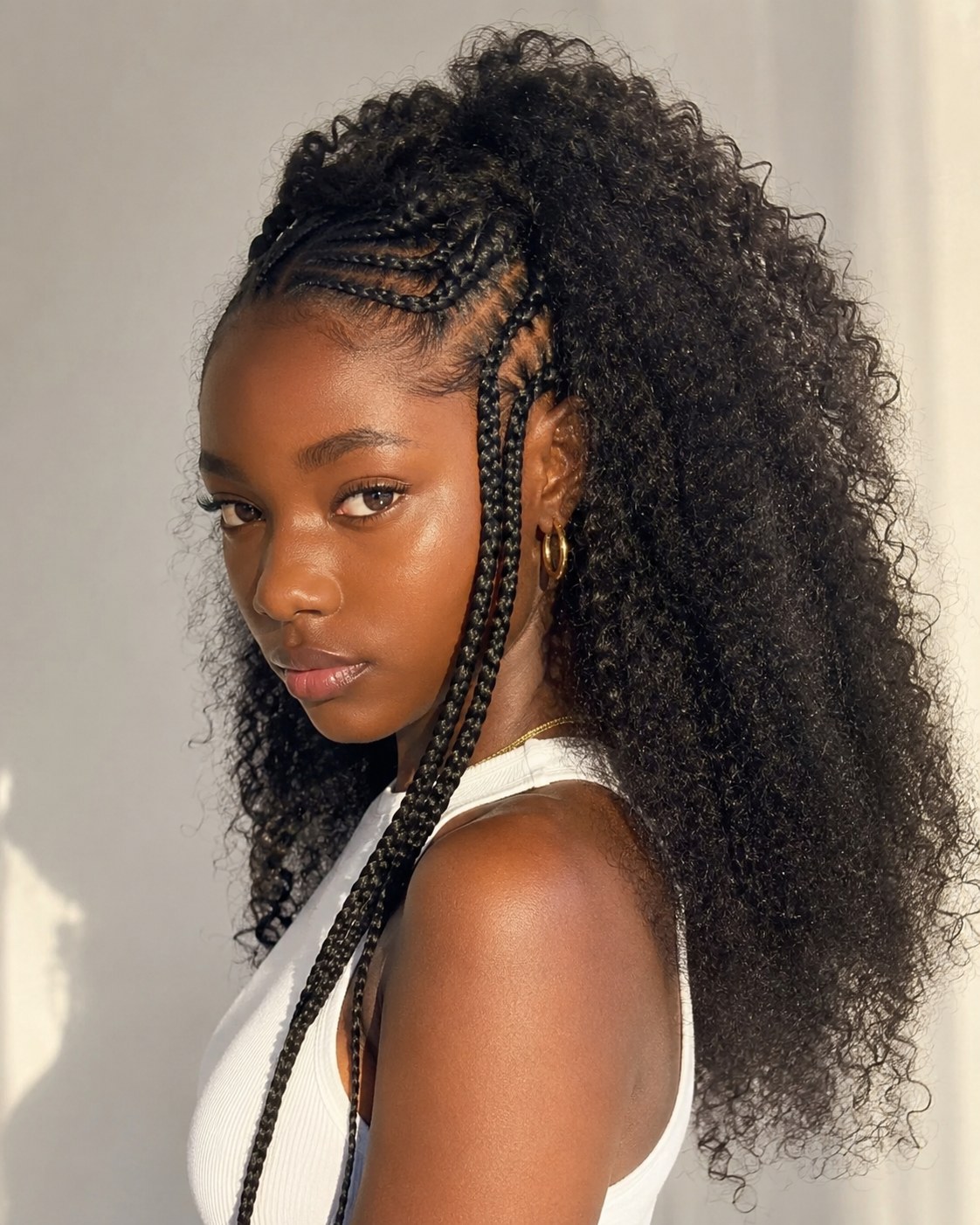 Couronne de cornrows fines sur cheveux afro laissés libres, tresses rentrée scolaire tout en volume