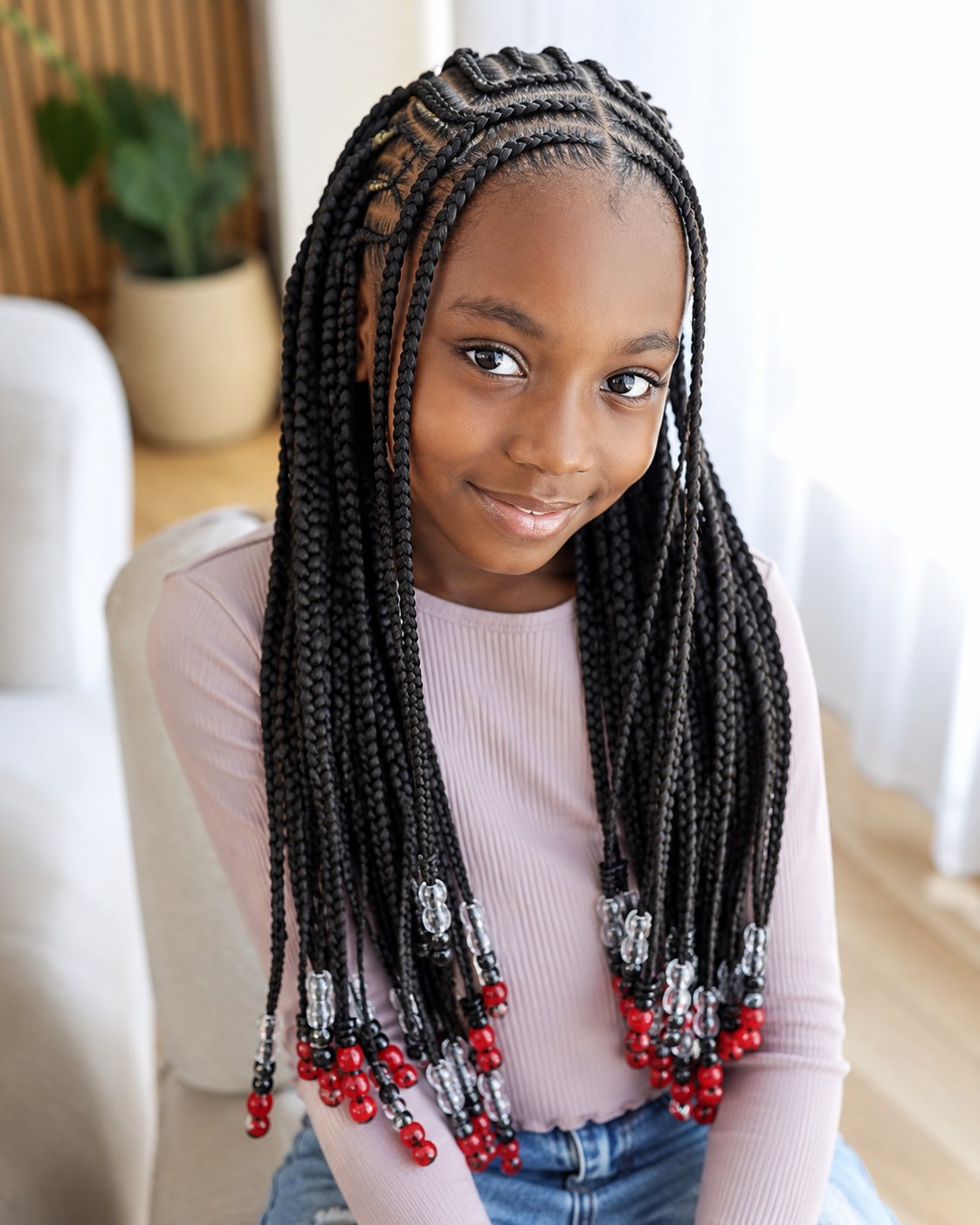 Petite fille avec des box braids ornées de perles rouges et argentées pour la rentrée scolaire